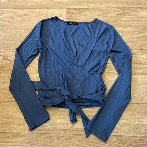 YMI Collections Womens Ribbed Wrap Top Long Sleeve Blue Surplice V-Neck Small